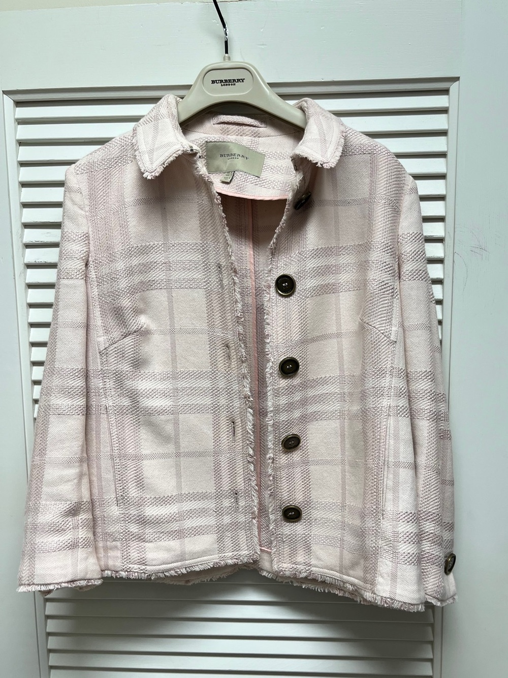 Burberry London Pale Pink Plaid Tweed Fringe-Trim Luxury Blazer Jacket Size 4